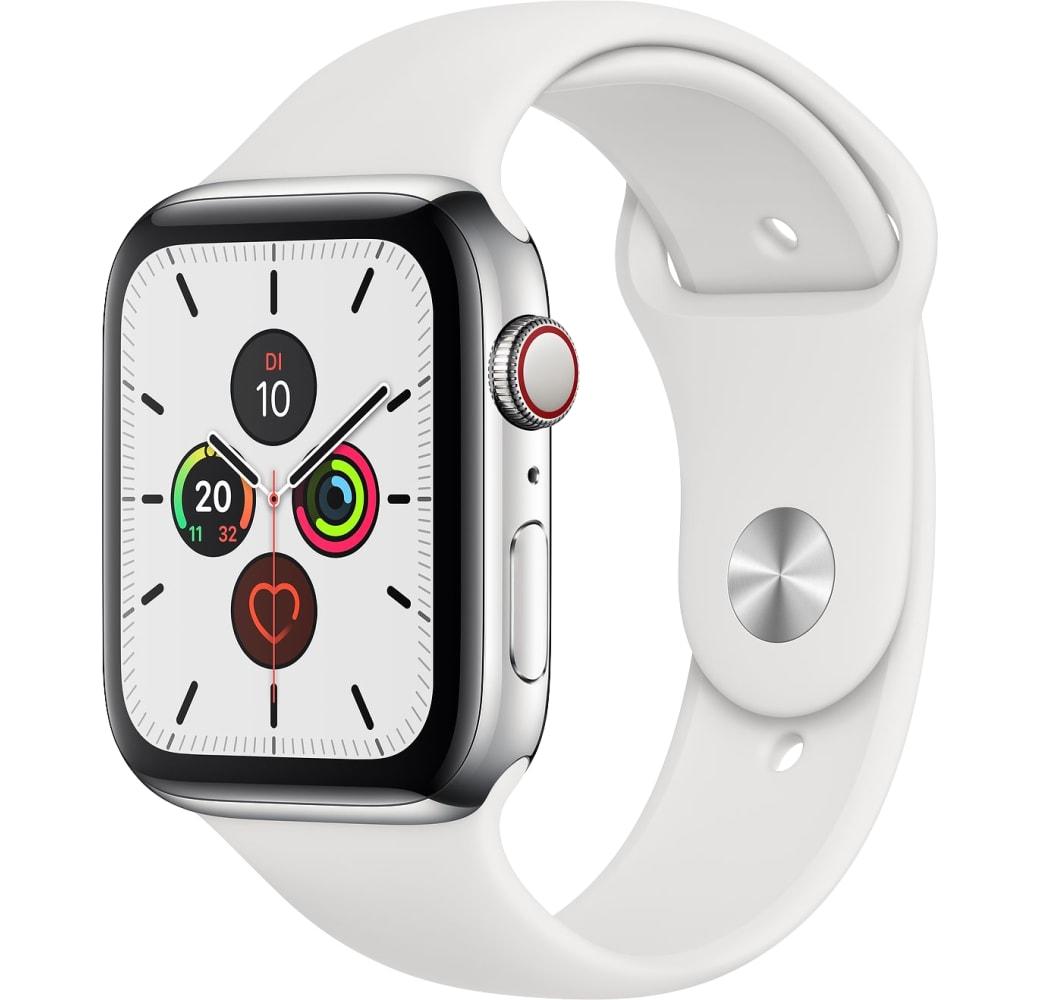 White Apple Watch Series 5 GPS + mobiel, Roestvrij Staal Behuizing, 44 mm.2