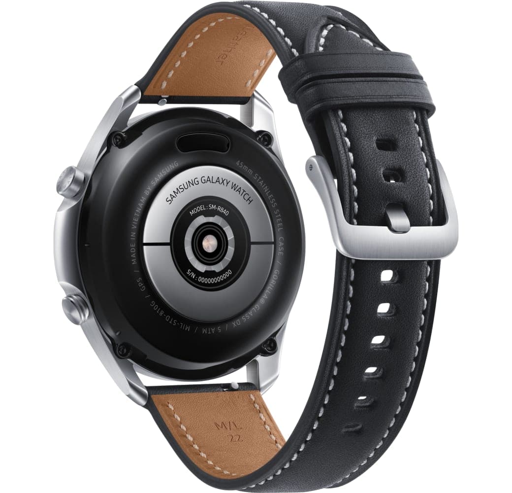 Mystic Silber Samsung Galaxy Watch3, 45mm Stainless steel case, Real leather band.4