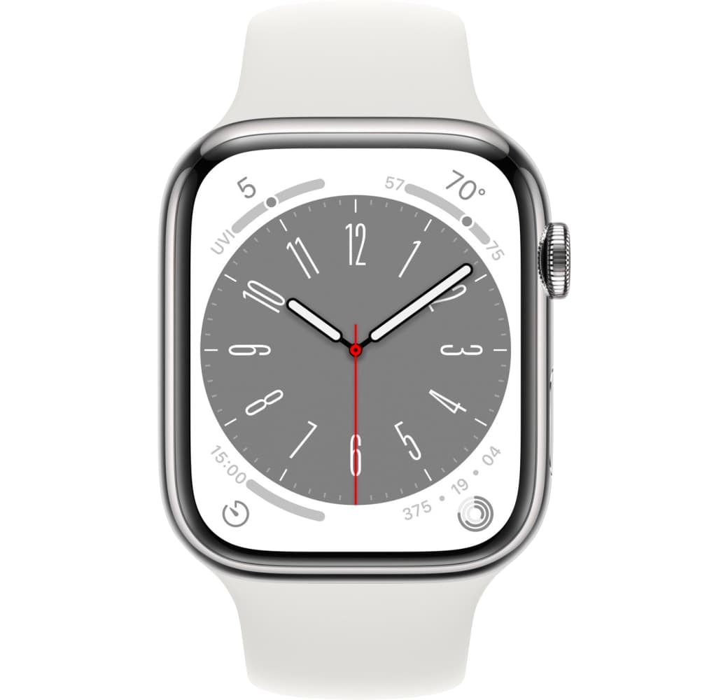 Weiß Apple Watch Series 8 GPS + Cellular, Edelstahlgehäuse, 45 mm.2