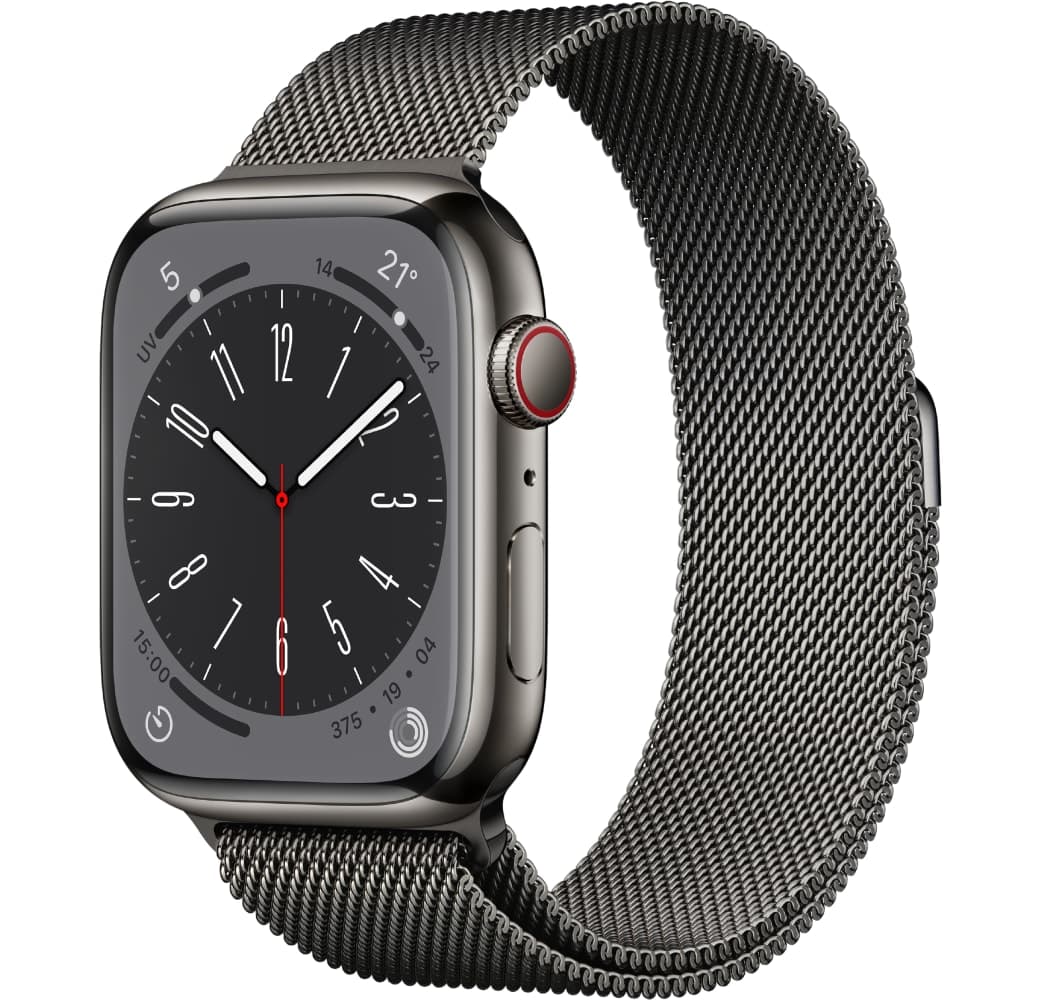 Grijs Apple Watch Series 8 GPS + mobiel, roestvrijstalen behuizing, 45 mm.1
