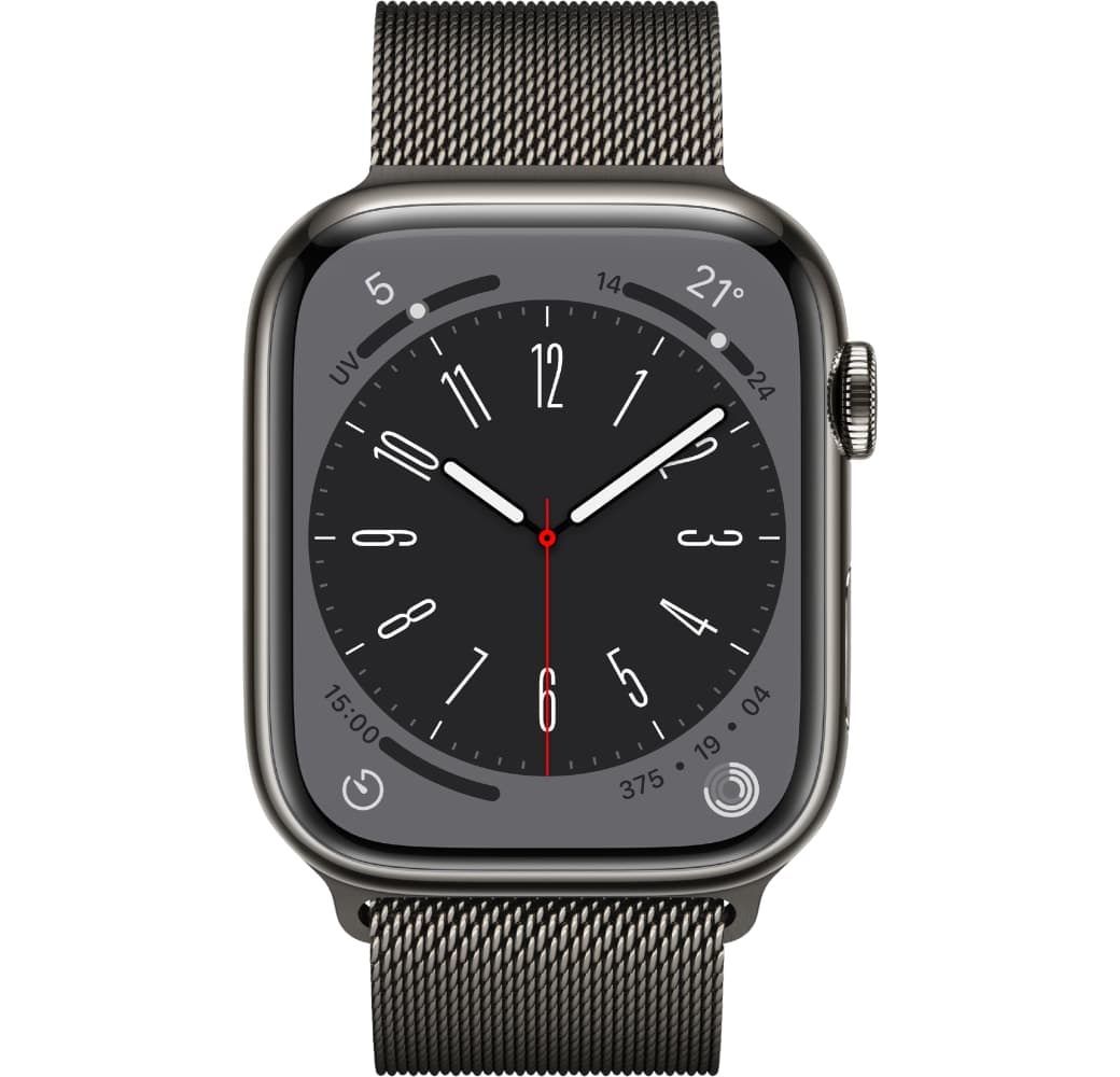 Grijs Apple Watch Series 8 GPS + mobiel, roestvrijstalen behuizing, 45 mm.2