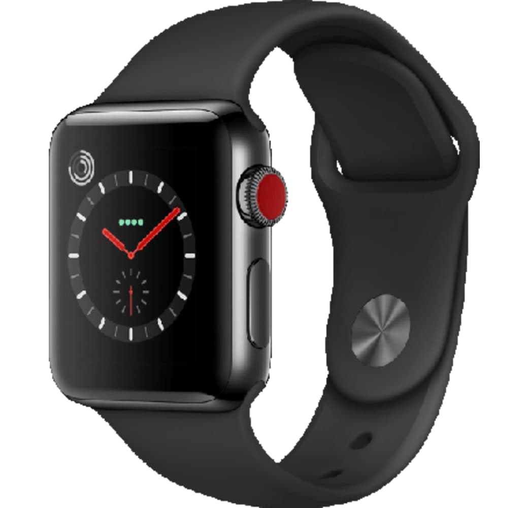 Black Apple Watch Series 3 GPS + Cellular, 38mm Stainless steel case, Sport band.1