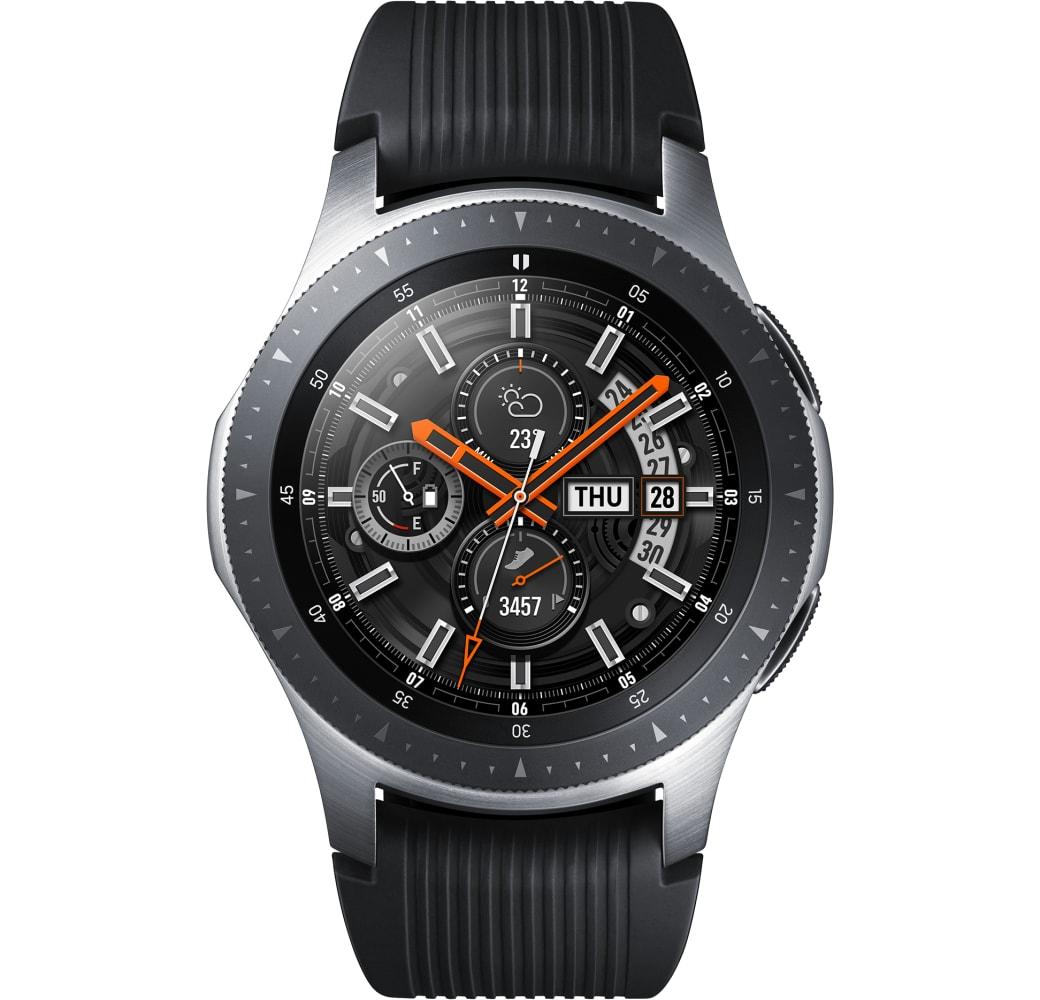 Silber Samsung Galaxy Watch, 46 mm Edelstahlgehäuse, Silikonband.1