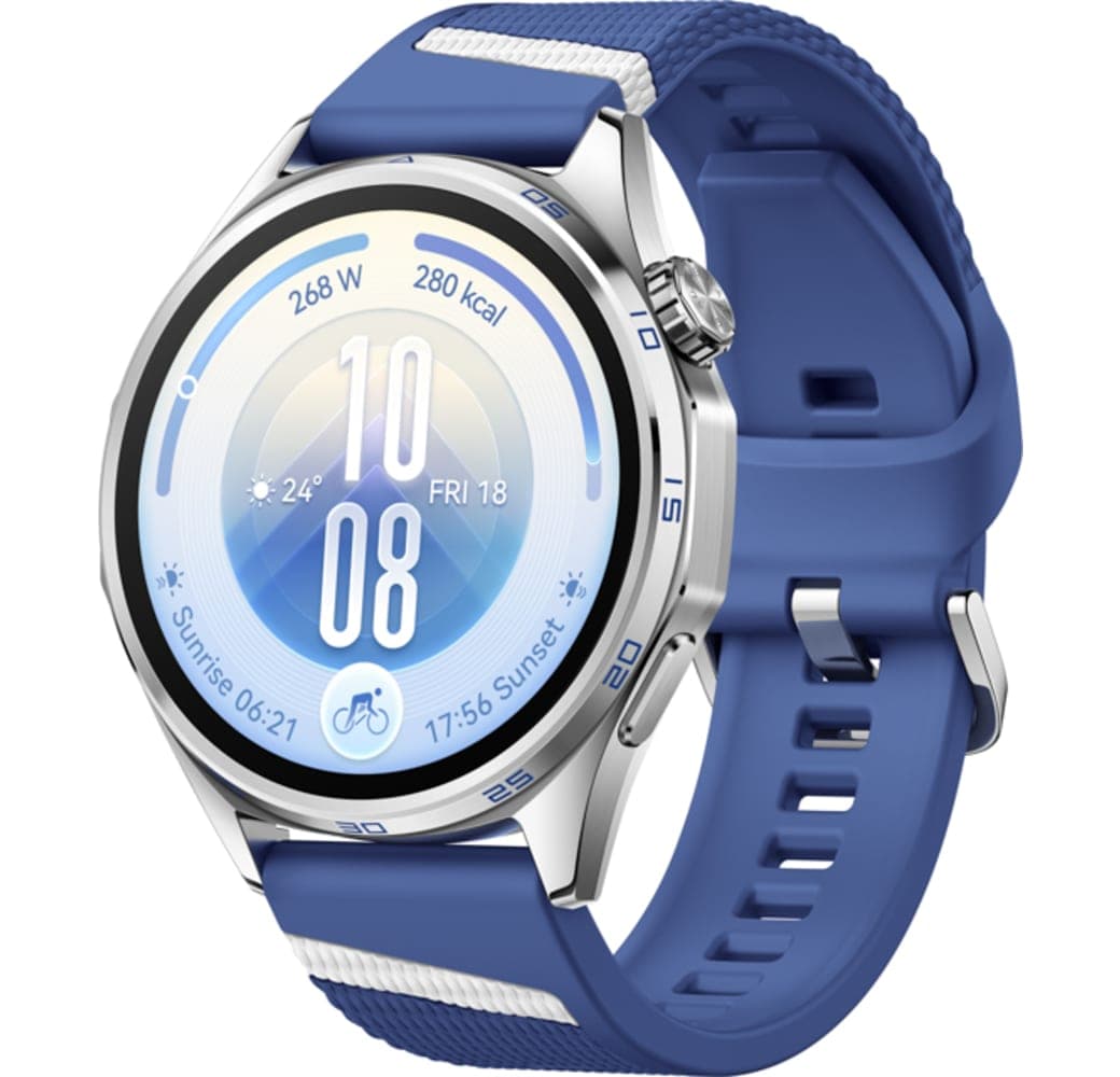 Blauw Huawei WATCH GT 7 Smartwatch, roestvrijstalen voorkant, zwarte plastic achterkant, 46 mm.1