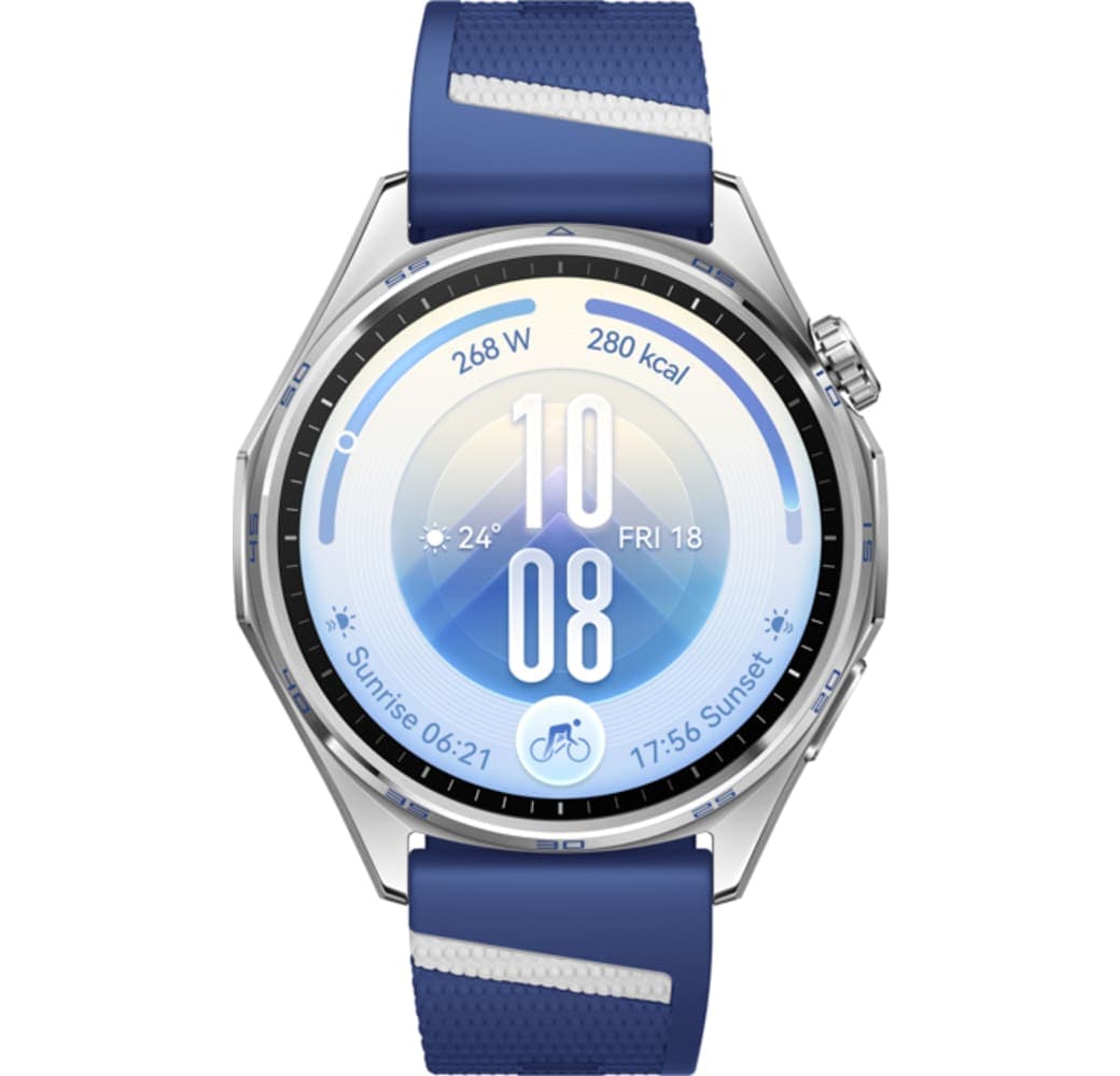 Blauw Huawei WATCH GT 7 Smartwatch, roestvrijstalen voorkant, zwarte plastic achterkant, 46 mm.2