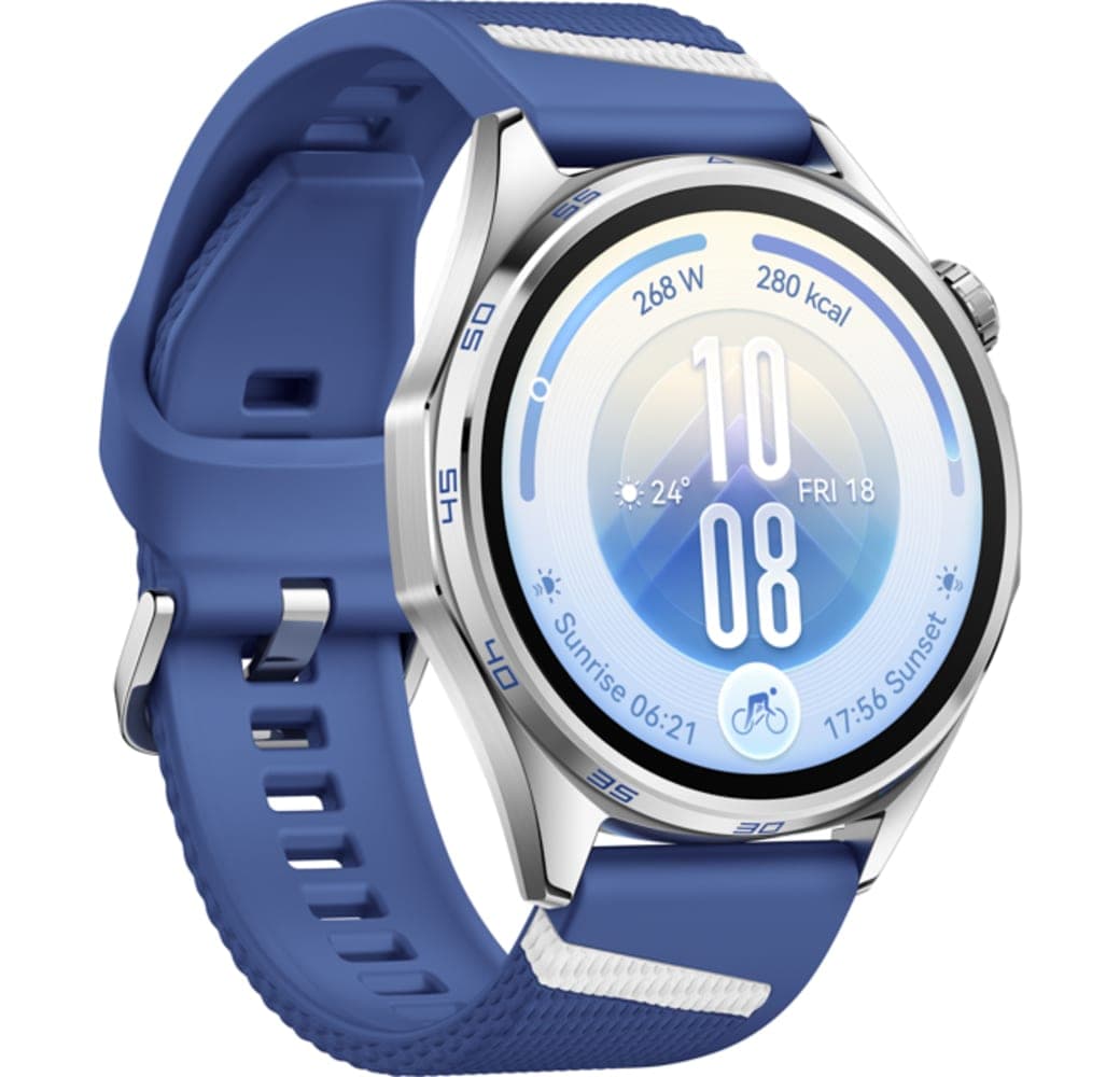 Blauw Huawei WATCH GT 7 Smartwatch, roestvrijstalen voorkant, zwarte plastic achterkant, 46 mm.3