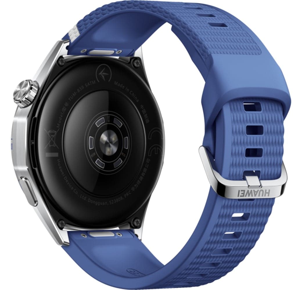 Blauw Huawei WATCH GT 7 Smartwatch, roestvrijstalen voorkant, zwarte plastic achterkant, 46 mm.4