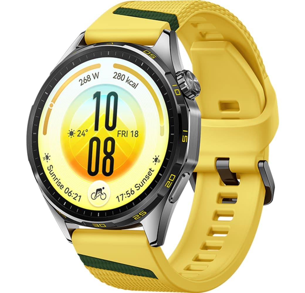 Geel Huawei WATCH GT 7 Smartwatch, roestvrijstalen voorkant, zwarte plastic achterkant, 46 mm.1