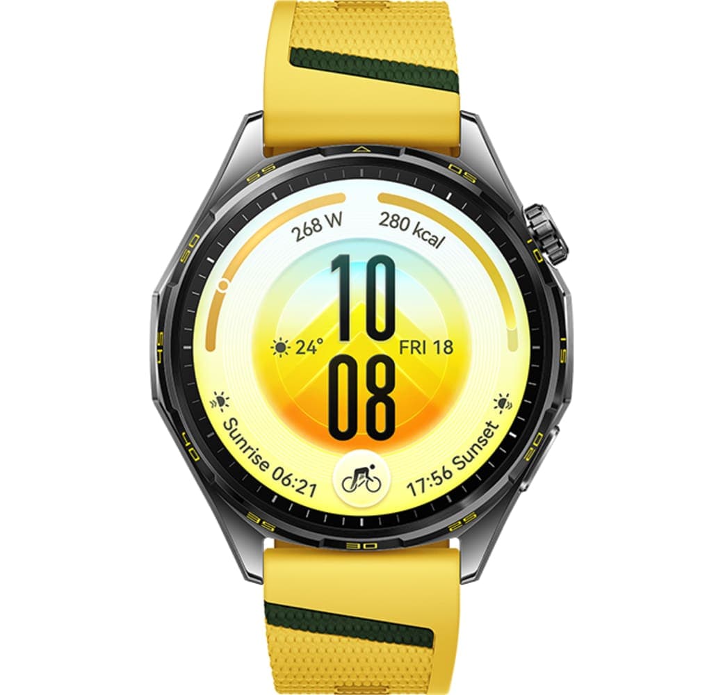 Geel Huawei WATCH GT 7 Smartwatch, roestvrijstalen voorkant, zwarte plastic achterkant, 46 mm.2