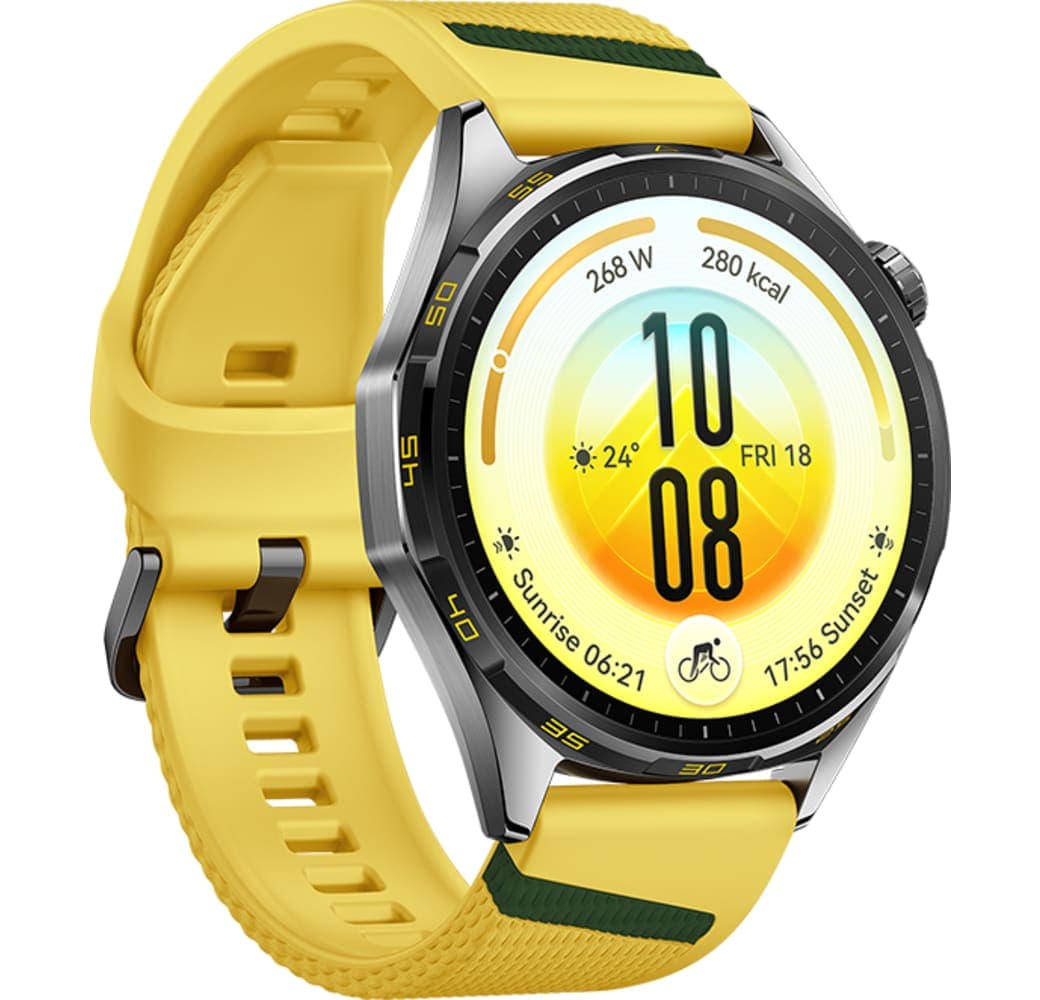 Geel Huawei WATCH GT 7 Smartwatch, roestvrijstalen voorkant, zwarte plastic achterkant, 46 mm.3