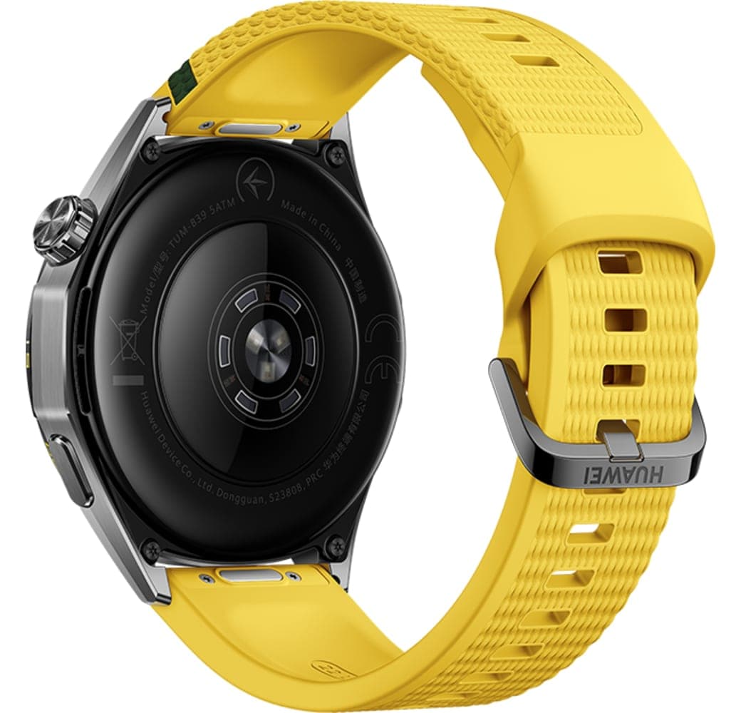 Geel Huawei WATCH GT 7 Smartwatch, roestvrijstalen voorkant, zwarte plastic achterkant, 46 mm.4