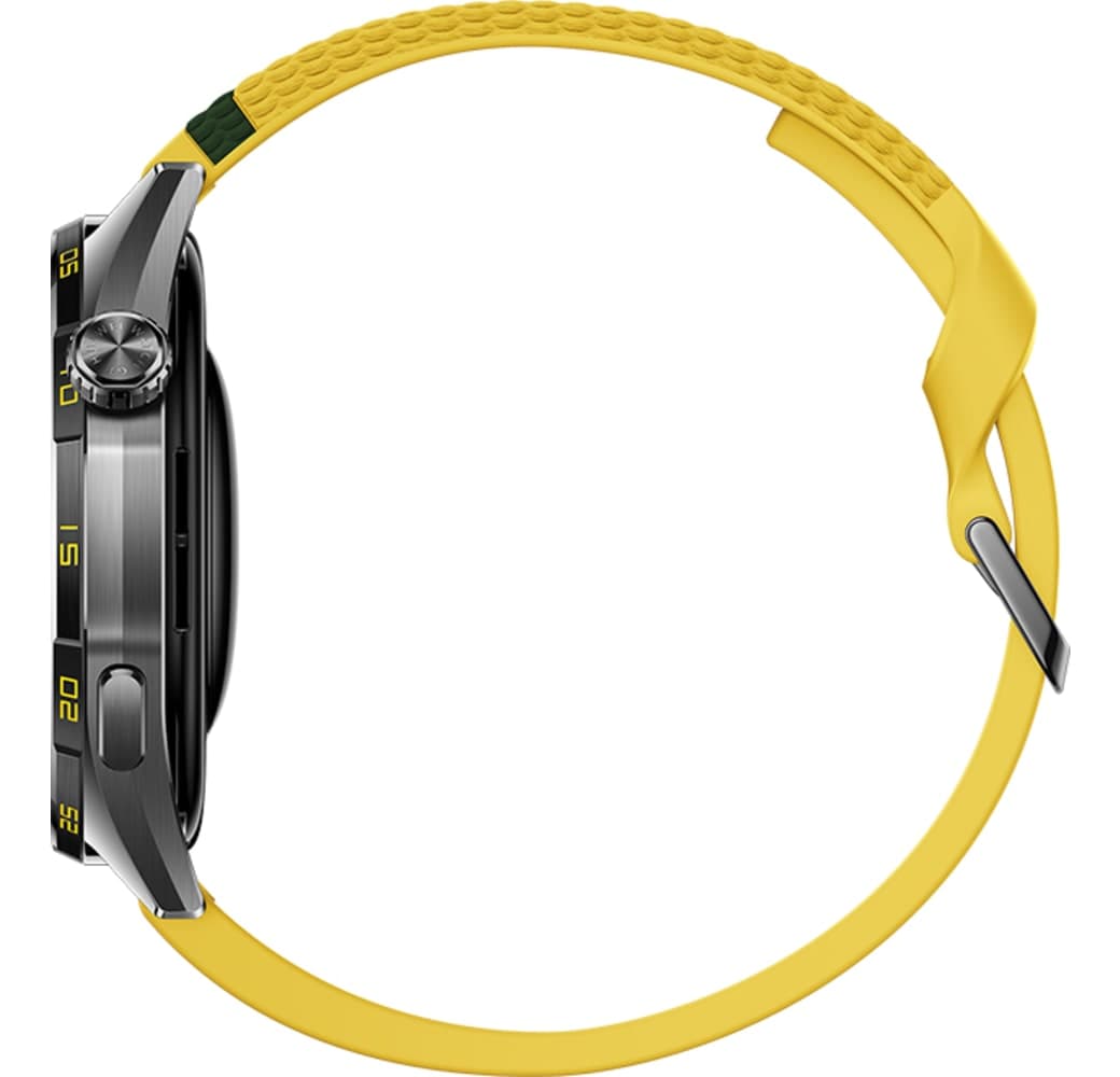 Geel Huawei WATCH GT 7 Smartwatch, roestvrijstalen voorkant, zwarte plastic achterkant, 46 mm.5